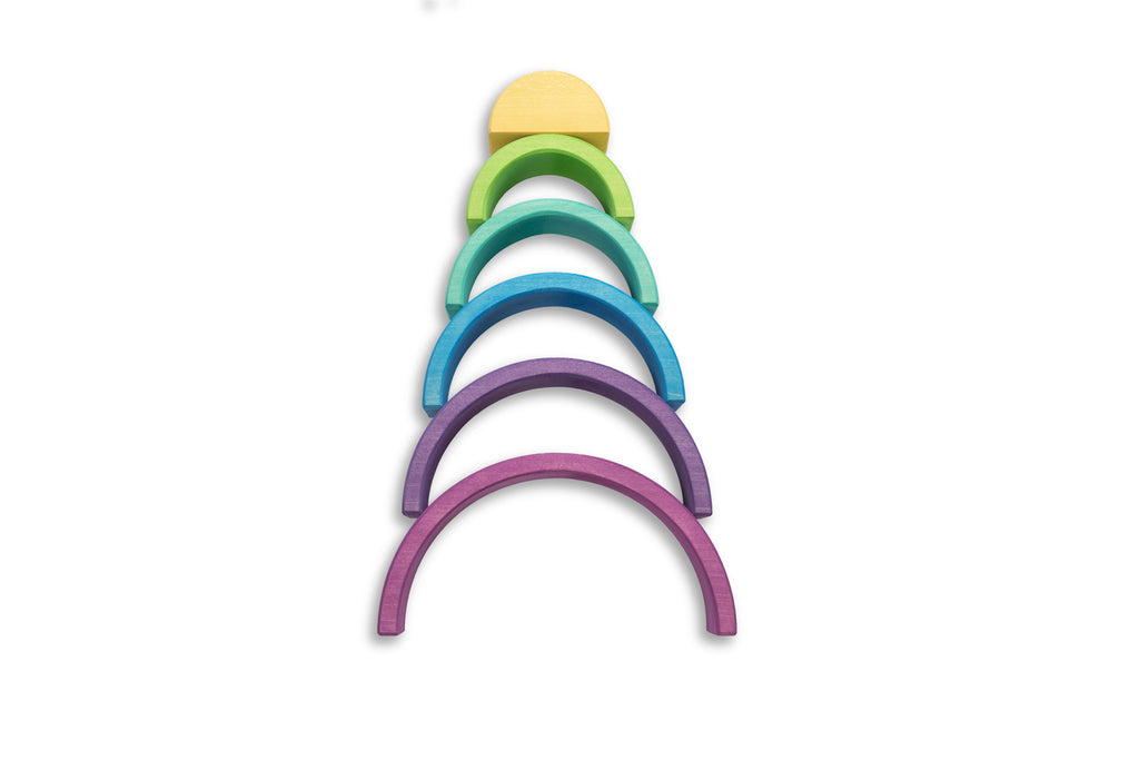 US stockist of Ocamora's 6pc Rainbow in purple.  Handmade from sustainable Linden wood in shades of purple, green, blue and yellow.