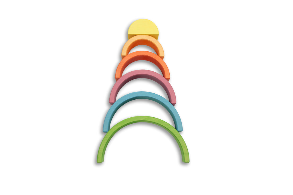 US stockist of Ocamora's 6pc Rainbow in green.  Handmade from sustainable Linden wood in shades of green, blue, pink, orange and yellow