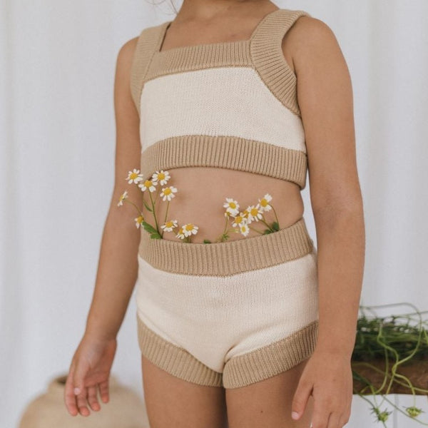 US stockist of Illoura the Label's 2Pc Chunky Knit set.  Made from 100% cotton in a neutral color with contrasting Olive ribbed trim.