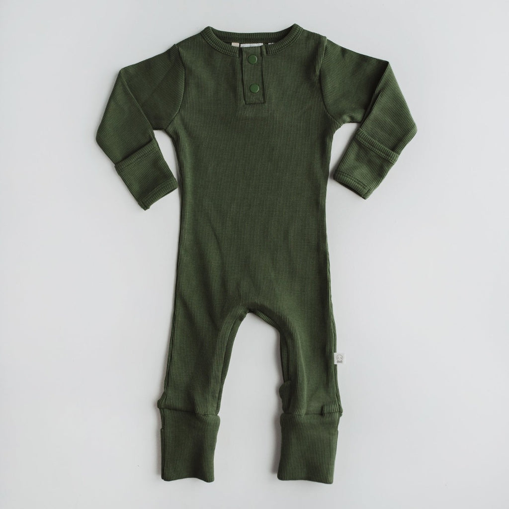 US stockist of Snuggle Hunny Kid's organic jersey Olive zip growsuit.