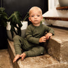 US stockist of Snuggle Hunny Kid's organic jersey Olive zip growsuit.