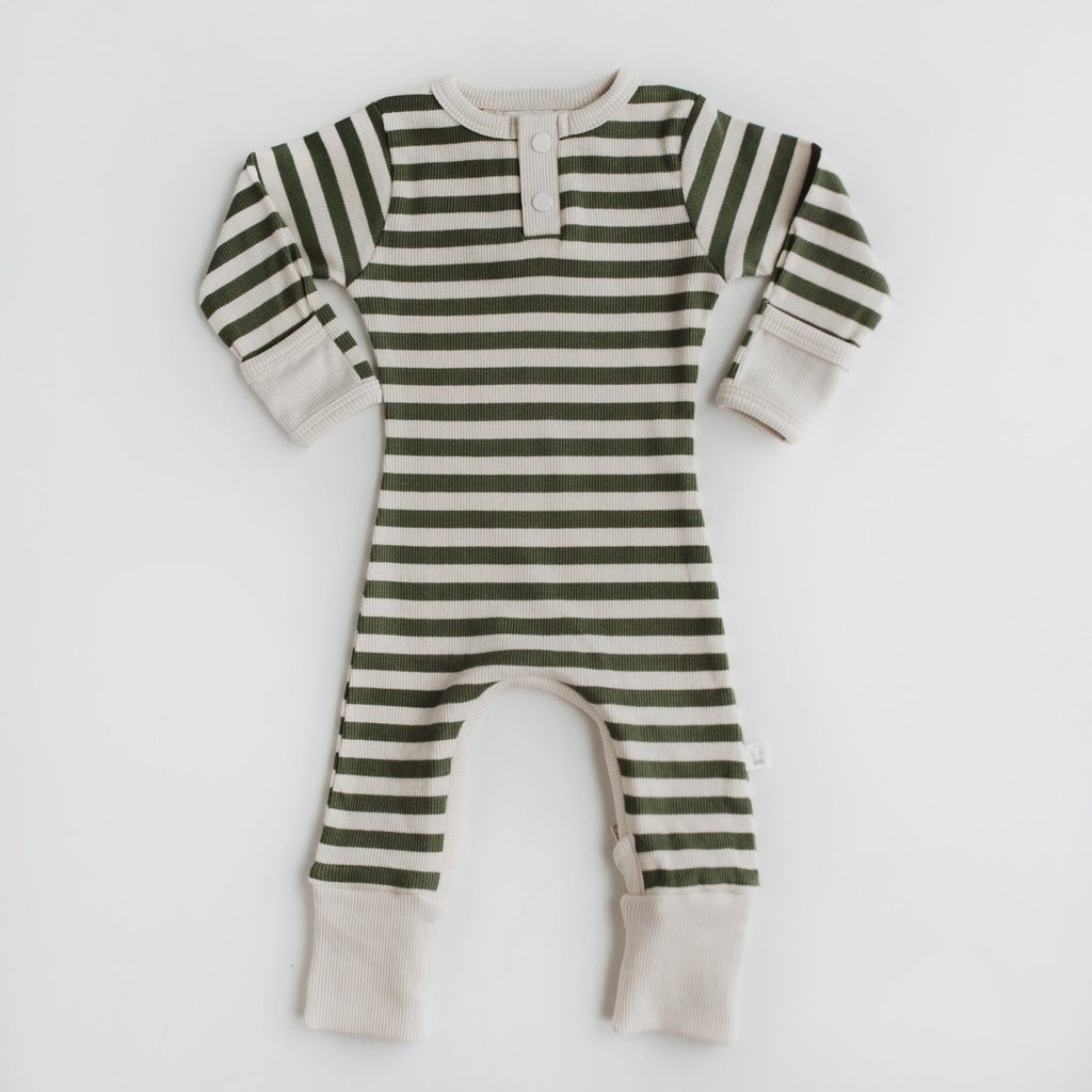 US stockist of Snuggle Hunny Kid's olive stripe zip growsuit.