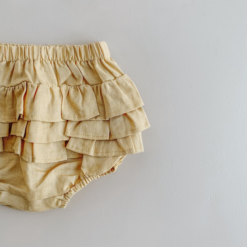 US stockist of Two Darlings golden linen ruffle butt bloomers