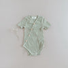 US stockist of Two Darlings short sleeve ribbed cotton olive kimono bodysuit with wooden buttons