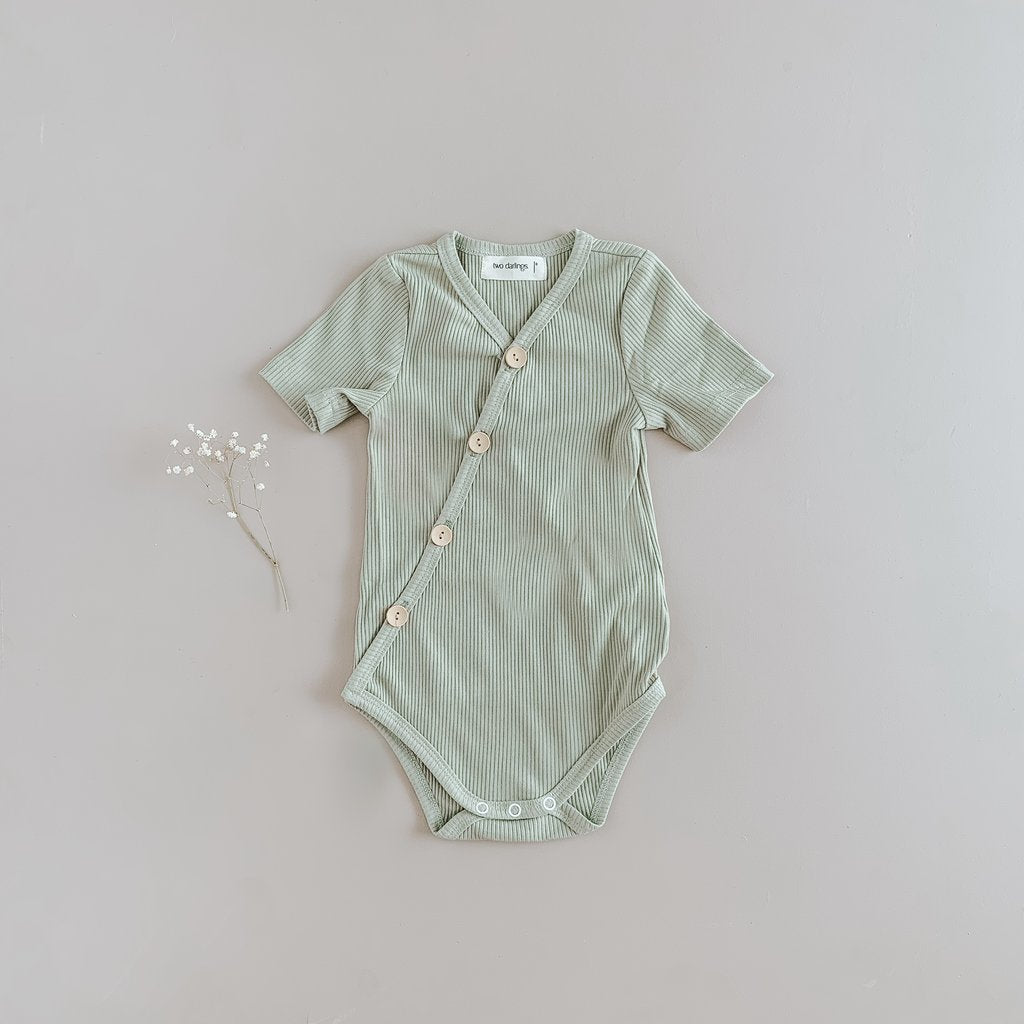 US stockist of Two Darlings short sleeve ribbed cotton olive kimono bodysuit with wooden buttons