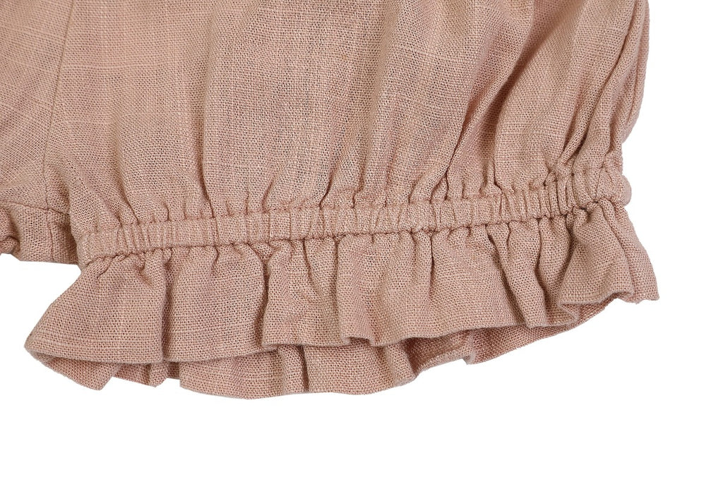 US stockist of Donsje's linen blend, Gwenda Bloomers in Vintage Pink.  Features a ruffle hem.