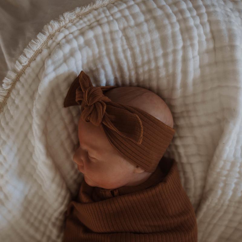 US stockist of Buck & Baa's organic cotton ribbed tie knot bow headband in Cinnamon.