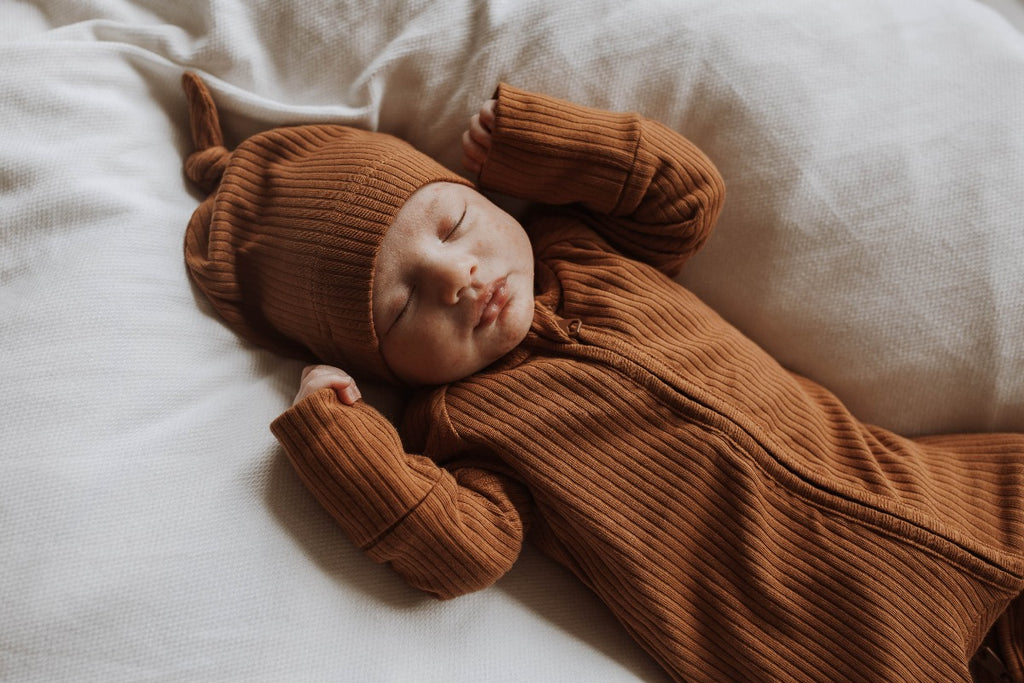 US stockist of Buck & Baa's organic cotton rib zip romper in gender neutral Cinnamon.  