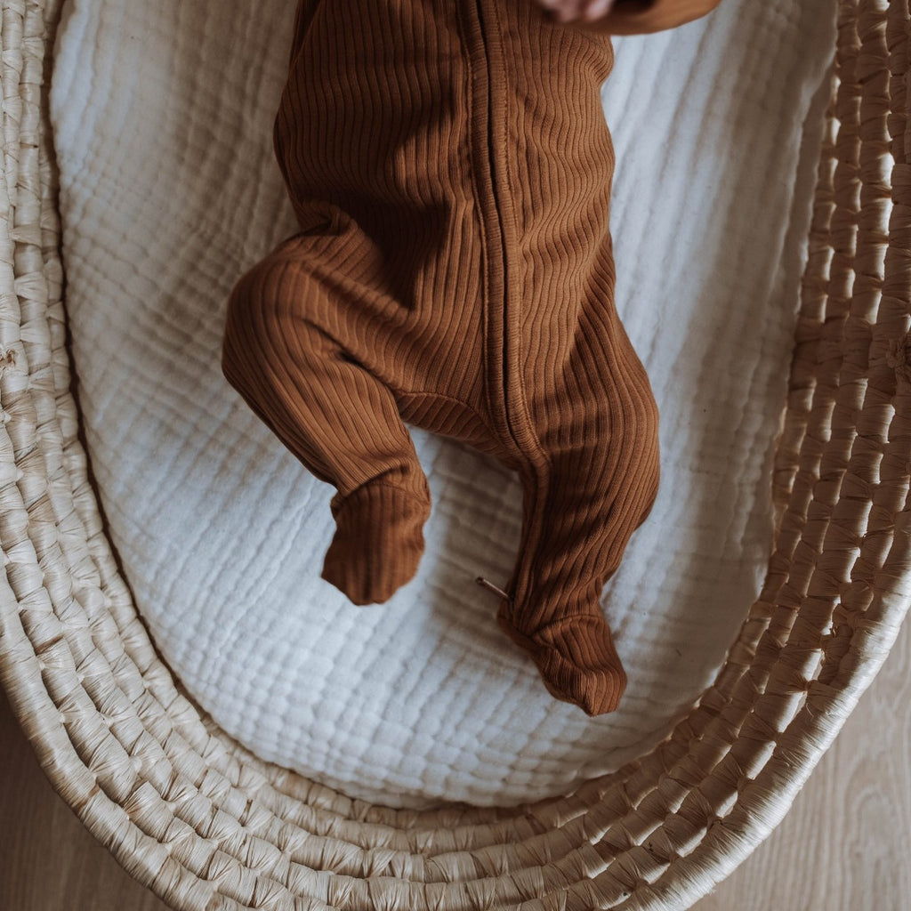 US stockist of Buck & Baa's organic cotton rib zip romper in gender neutral Cinnamon.  