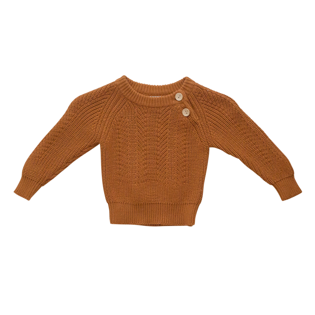 US stockist of Two Darlings gender neutral rust knit sweater.  Made from 100% cotton with two wood like buttons on the left shoulder.  Soft and stretchy.