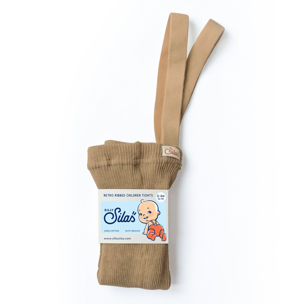 US stockist of Silly Silas gender neutral retro ribbed footed tights in light brown.  Made from 100% cotton and features braces.