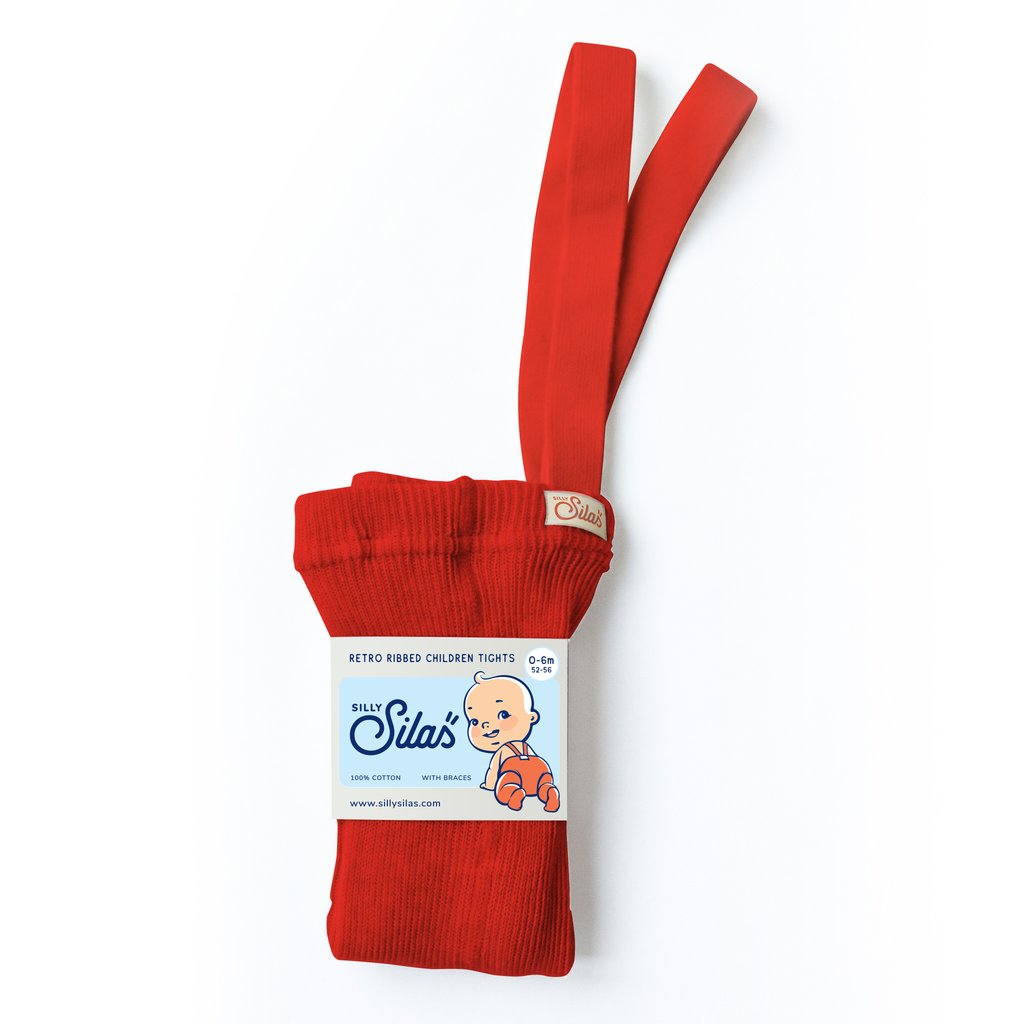 US stockist of Silly Silas gender neutral retro ribbed footed tights in love red.  Made from 100% cotton and features braces.