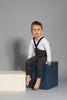 US stockist of Silly Silas gender neutral retro ribbed footed tights in dark grey blend.  Made from 100% cotton and featuring braces.