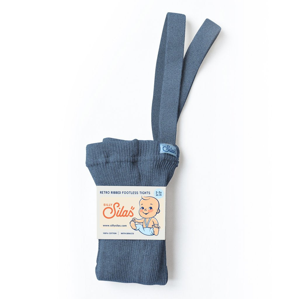 US stockist of Silly Silas gender neutral retro ribbed footless tights in steel blue blend.  Made from 100% cotton and featuring braces.
