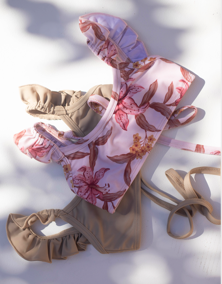 US stockist of Sukoo the Label's Harper Bikini in Dusty Floral.  Made from UPF 50 + Repreve fabric.  Crop top bikini top with ruffles at shoulder and high waisted bikini bottoms.