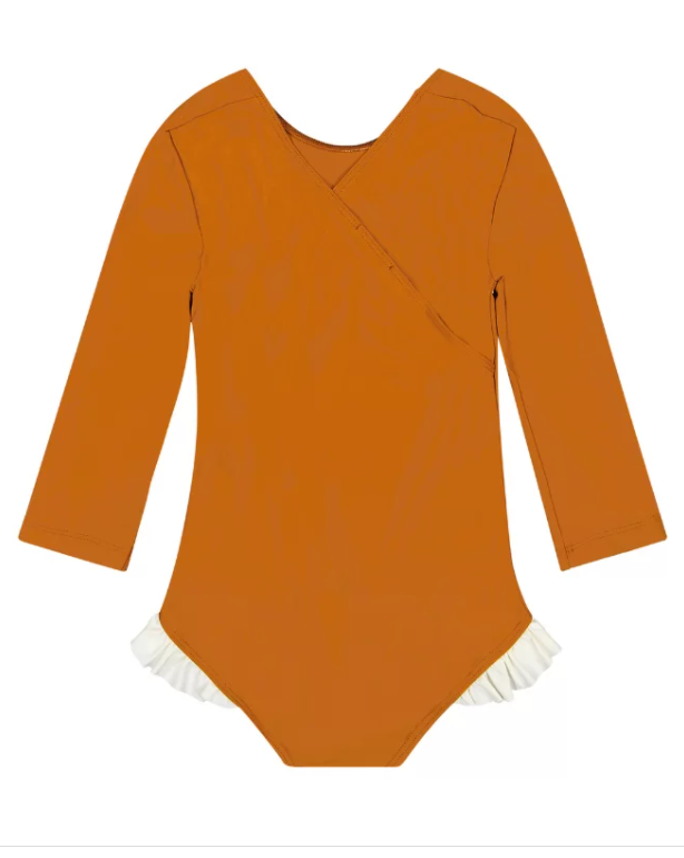 US stockist of Canopea's long sleeved, Misha Sunsuit in Sand.