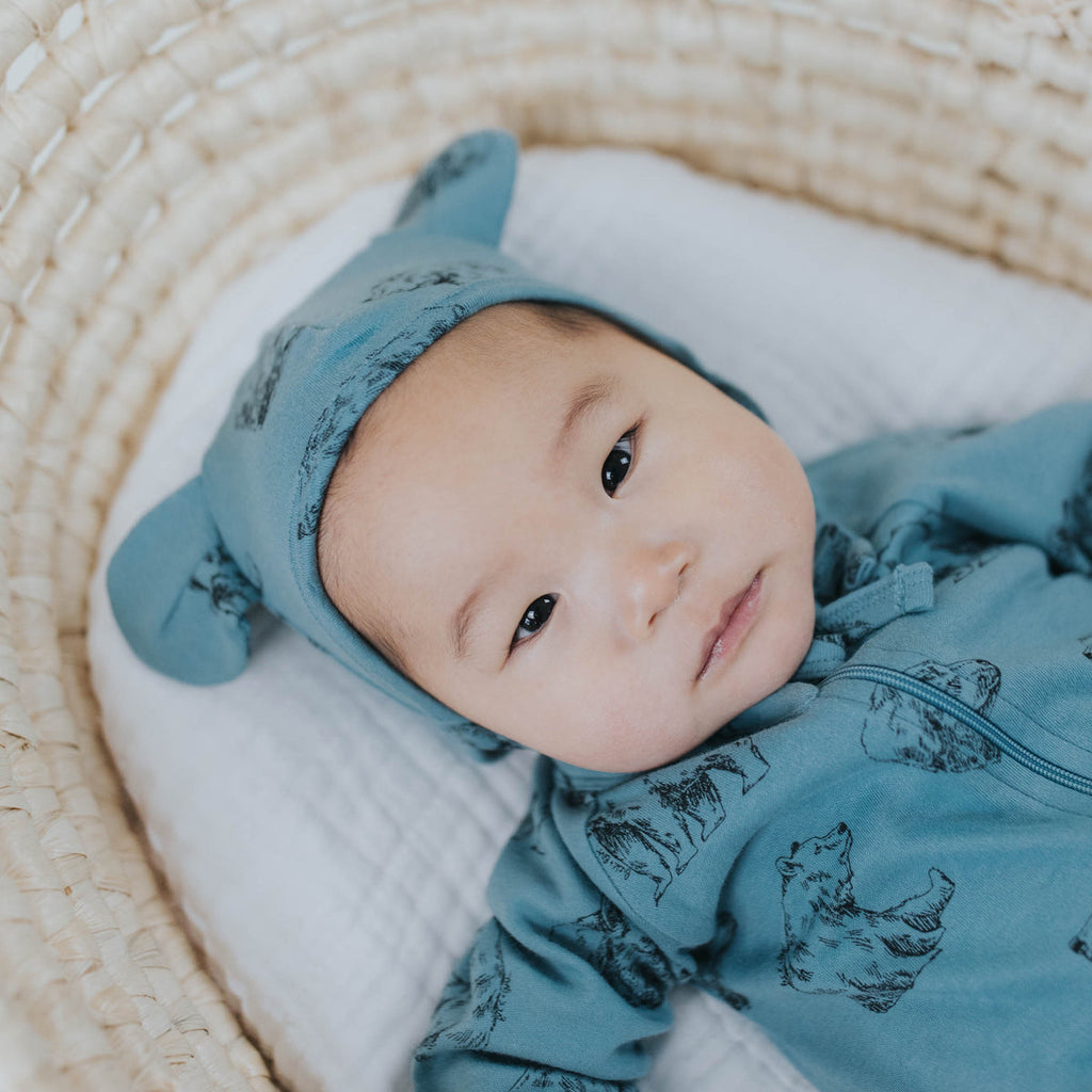 US stockist of Buck & Baa's gender neutral, organic cotton bear hat in Sky Bears.