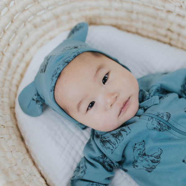 US stockist of Buck & Baa's gender neutral, organic cotton bear hat in Sky Bears.