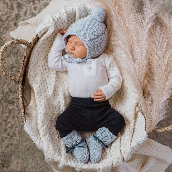 US stockist of Snuggle Hunny Kids blue merino wool bonnet and bootie set