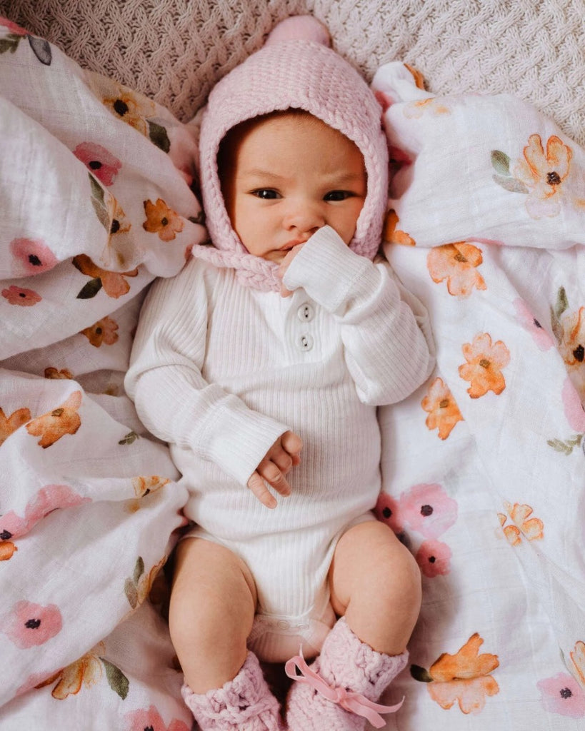 US stockist of Snuggle Hunny Kids pink merino wool bonnet and bootie set