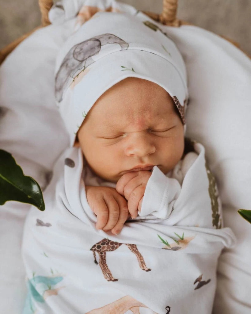 US stockist of Snuggle Hunny Kids Safari Jersey Wrap and Beanie Set.