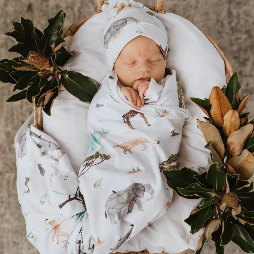 US stockist of Snuggle Hunny Kids Safari Jersey Wrap and Beanie Set.