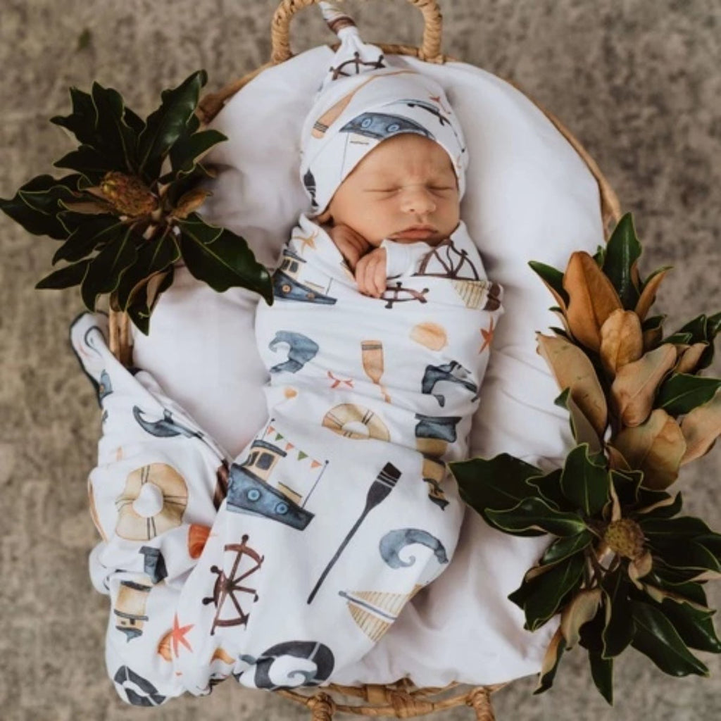 US stockist of Snuggle Hunny Kids Shipwreck Jersey Wrap and Beanie Set.