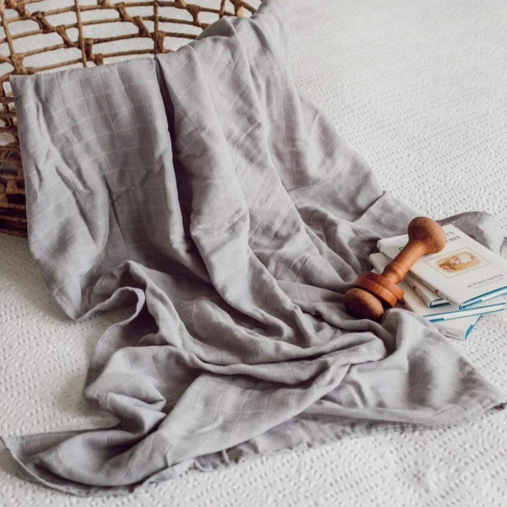 US stockist of Snuggle Hunny Kids storm grey organic muslin wrap