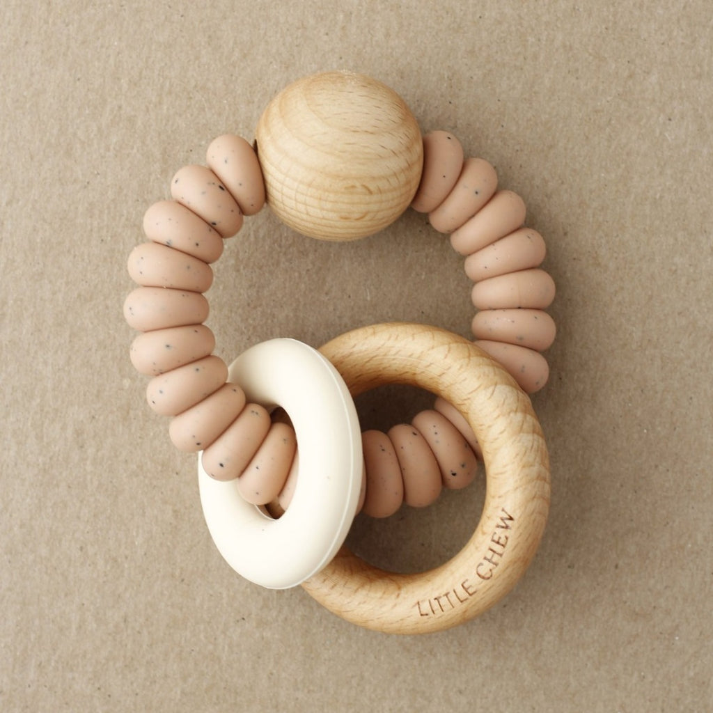 US stockist of Little Chew's Speckled Dusty Coral wooden and silicone Dany rattle teether.