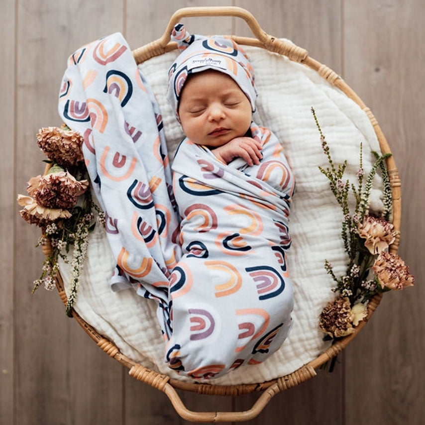 US stockist of Snuggle Hunny Kids sunset rainbow jersey wrap + beanie set