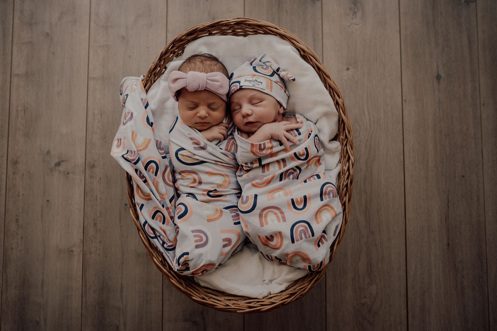 US stockist of Snuggle Hunny Kids sunset rainbow jersey wrap + beanie set