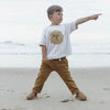 US stockist of Buck & Baa's gender neutral organic cotton tumeric pocket pants.  Features elastic waist with functional drawstring and two front pockets.