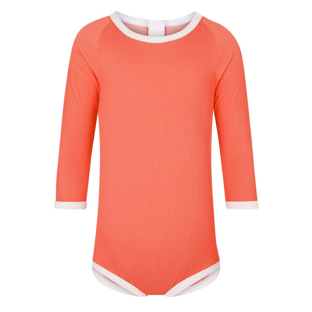 US stockist of Zulu & Zephyr's long sleeve, Mini Rib Rashie Onesie in Papaya