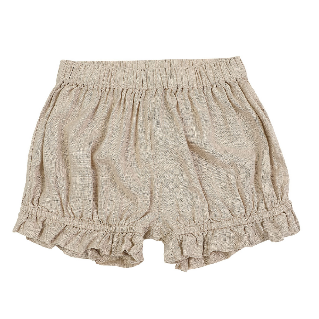 US stockist of Donsje's linen blend, Gwenda Bloomers in Beige.  Features a ruffle hem.