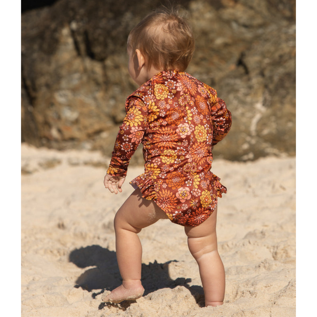 US stockist of Salty Swimwear's long sleeve rashsuit in In Bloom Tuscan.  Made from UPF 50+ Repreve fabric.