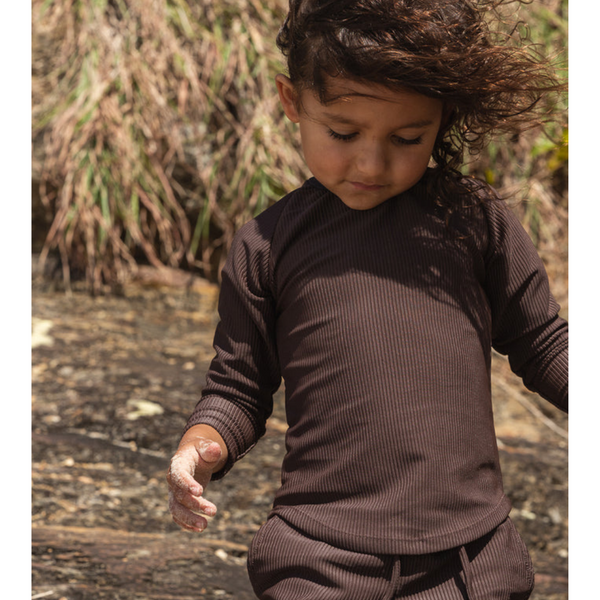 US stockist of Salty Swimwear's long sleeve Brook rash top in Eco Rib Chocolate.