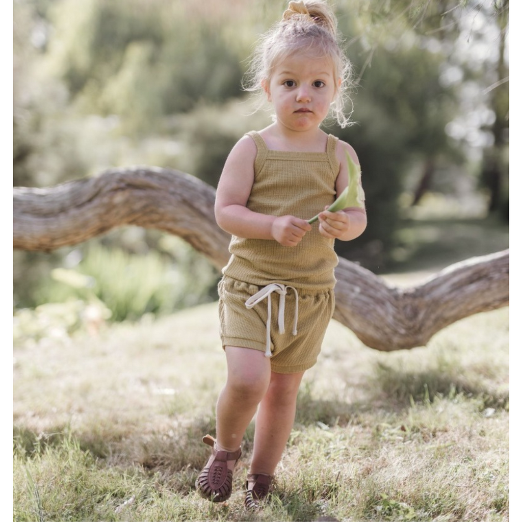 US stockist of Five O' Six's Flossy Waffle Set in Spicy Mustard.  Made from 100% organic cotton.