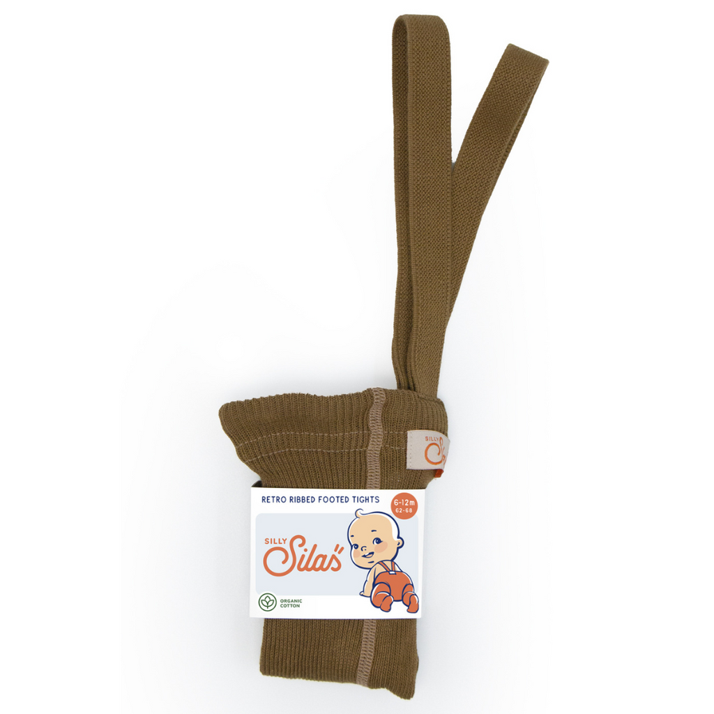 US stockist of Silly Silas' gender neutral, organic cotton footed tights in Acorn Brown.