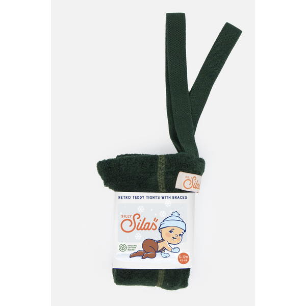 US stockist of Silly Silas' gender neutral, Teddy footed warmy tights in Dark Forest Green.