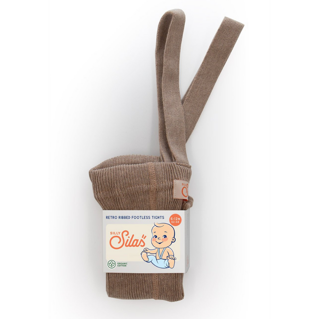 US stockist of Silly Silas gender neutral retro ribbed footless tights in Cacao blend.  Made from 100% cotton and featuring braces.