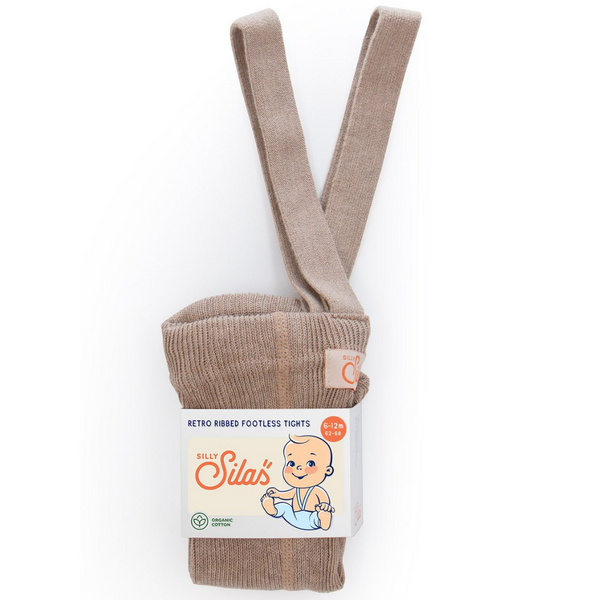 US stockist of Silly Silas gender neutral retro ribbed footless tights in peanut blend.  Made from 100% cotton and featuring braces.