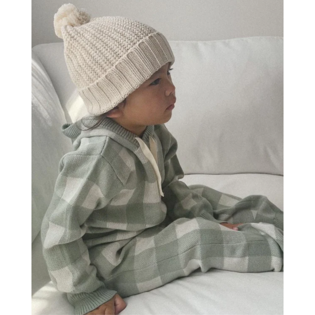 US stockist of Miann & Co's knit hooded baby sweater in Whisper Green Gingham