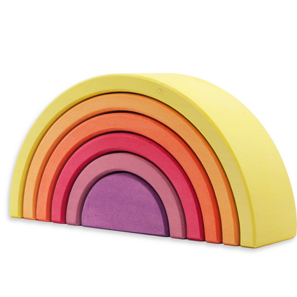 US stockist of Ocamora's 6pc Rainbow in yellow.  Handmade from sustainable Linden wood in shades of yellow, orange, red and purple.