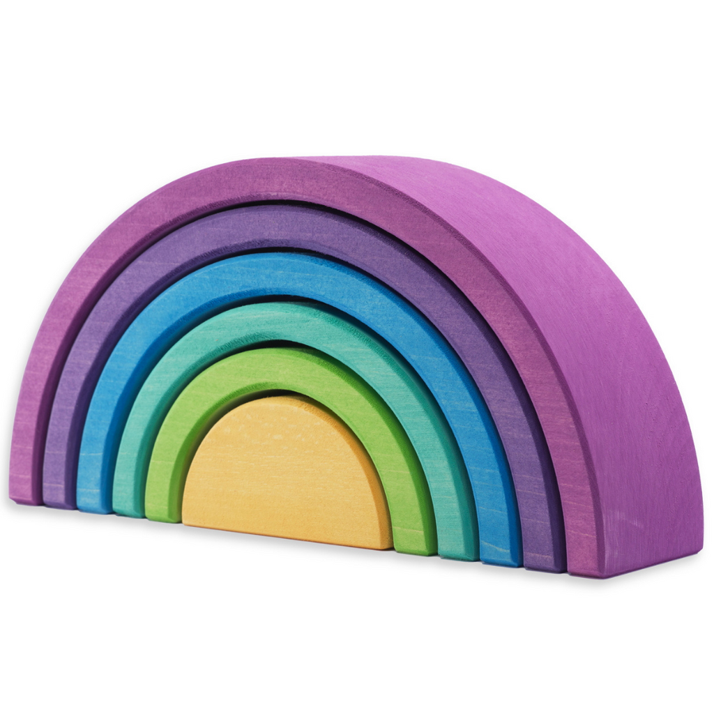 US stockist of Ocamora's 6pc Rainbow in purple.  Handmade from sustainable Linden wood in shades of purple, green, blue and yellow.