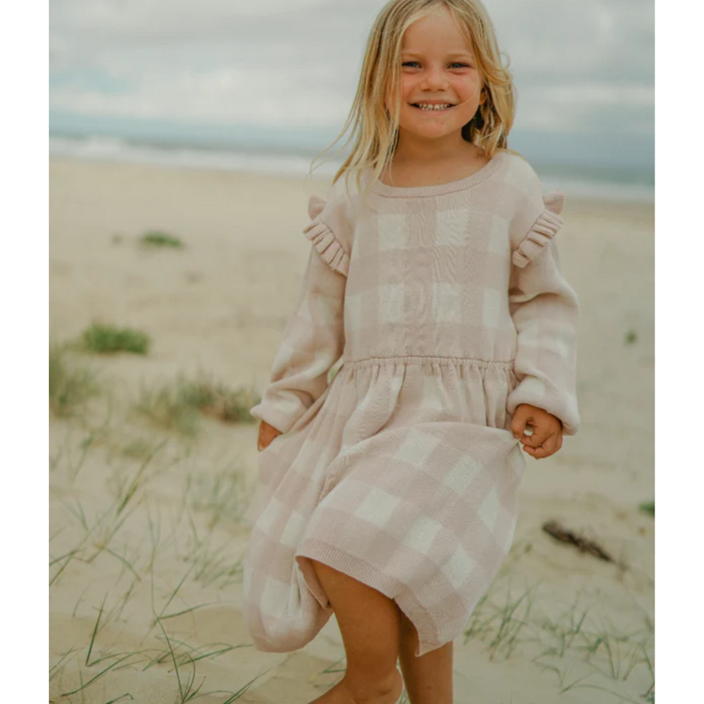 US stockist of Miann & Co's Frill Knit Dress in Ballet Pink Gingham