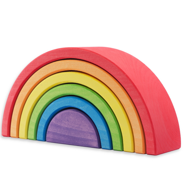 US stockist of Ocamora's 6pc Rainbow in red.  Handmade from sustainable Linden wood in shades of red, orange, yellow, green, blue and purple.