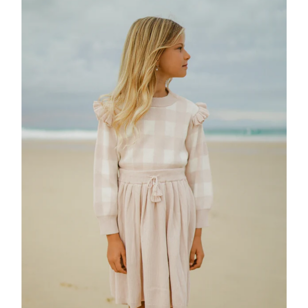 US stockist of Miann & Co's Frill Knit Sweater in Ballet Pink Gingham