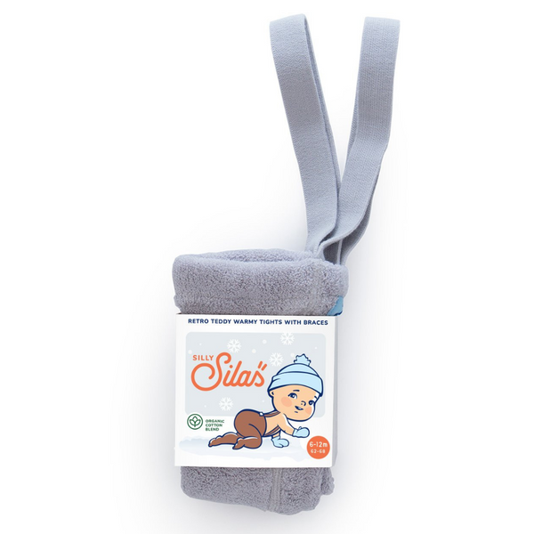 US stockist of Silly Silas' gender neutral, footed Teddy tights in Pearl Grey.  Made from 100% okeo tex cotton with retro braces.