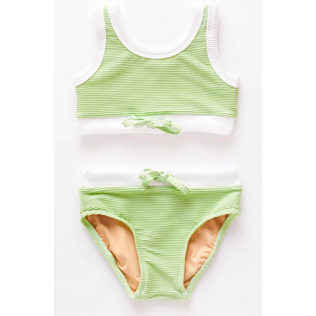 US stockist of Zulu & Zephyr's Mini Band Bikini in Marine.  Made from sustainable ECONYL UPF 50+ fabric.  Features contrasting rib binds, drawstring on top and waist of bottoms.  Fully lined.