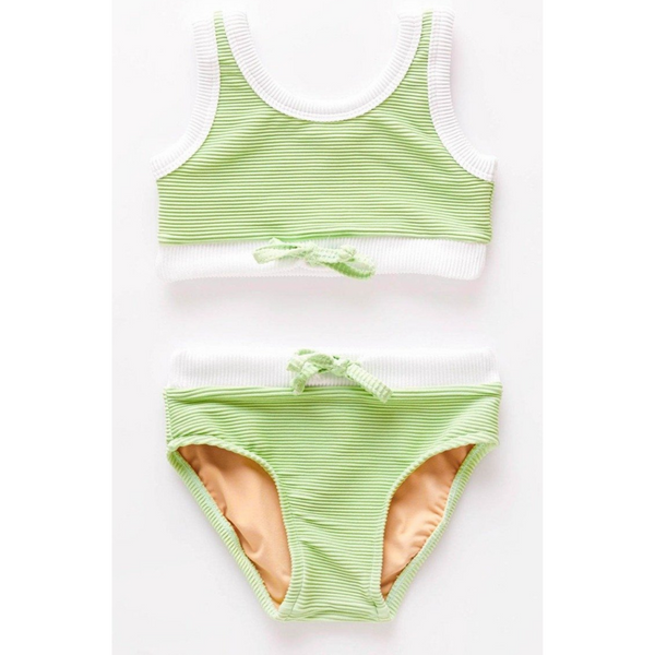 US stockist of Zulu & Zephyr's Mini Band Bikini in Marine.  Made from sustainable ECONYL UPF 50+ fabric.  Features contrasting rib binds, drawstring on top and waist of bottoms.  Fully lined.